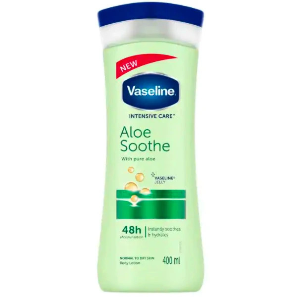 لوسیون بدن وازلین مدل Aloe Soothe حجم 400 میلیلیتر نرمکننده و آبرسان پوست خشک و معمولی با عصاره آلوئه ورا جذب سریع و حفظ لطافت و نرمی پوست بعد از استحمام